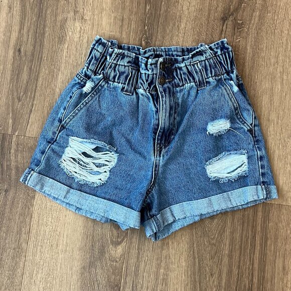 Forever 21 High Rise Elastic Waist Distressed Jean Shorts Sz S - Picture 1 of 8